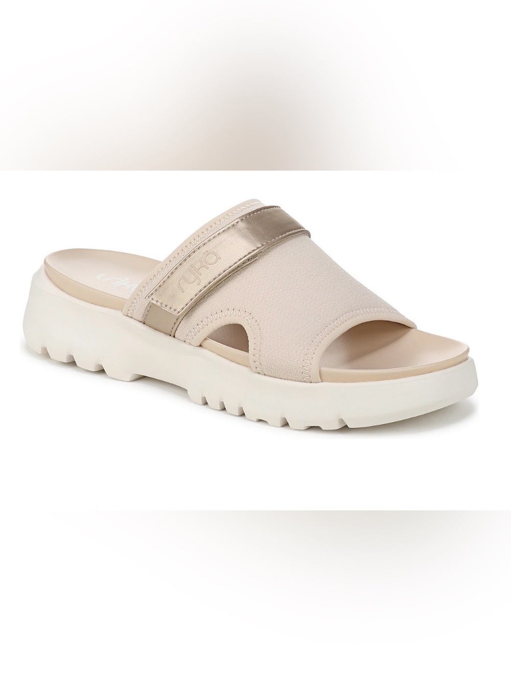 Rebrilliant Beige Slide Sandal with Metallic Champagne Strap